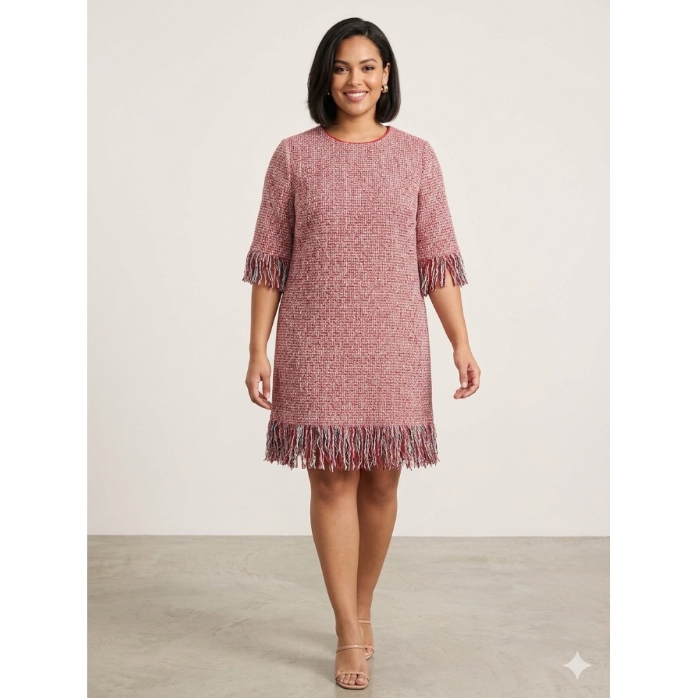 Esley Dress Women's Large Red White Black Tweed Fringe Hem Short Sleeve Knee